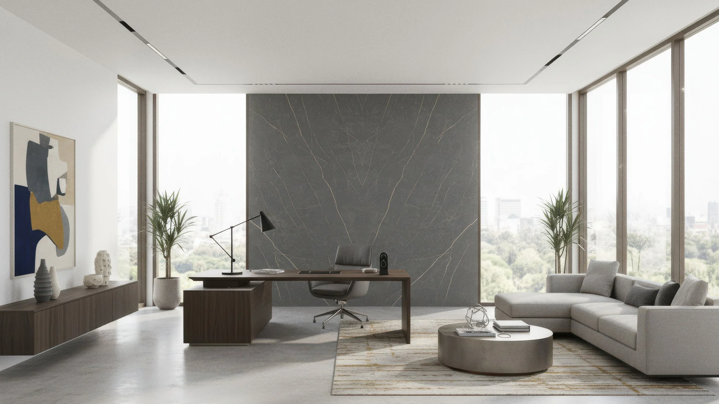 Modern condo office with porcelain slab featurewall utilizing CIERO's Gothic Gold 5x10 Porcelain Slab