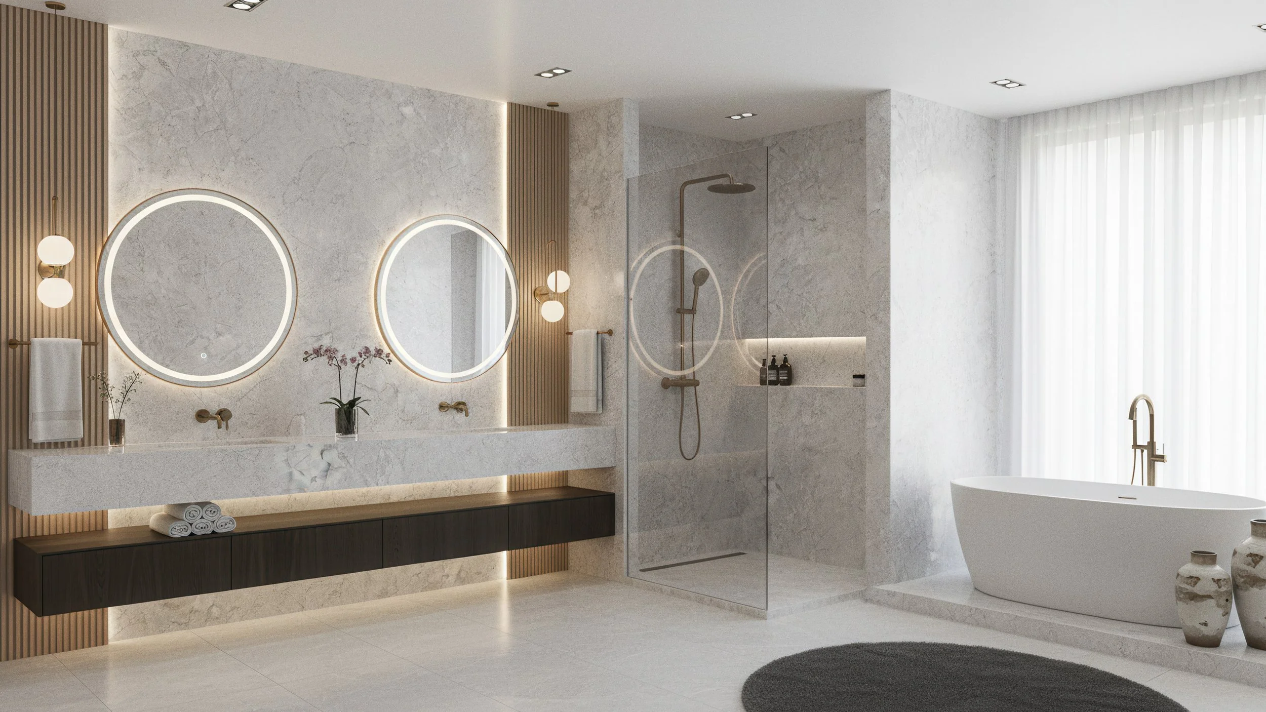 Modern Master Bathroom With Super White Porcelain Accent Wall & Shower from CIERO INC