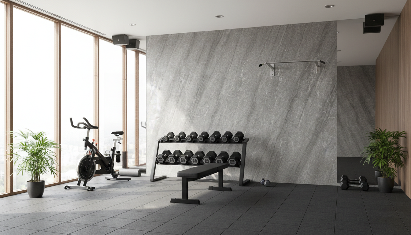 Modern Home Gym With Calacatta Storm 4x10 Porcelain Slab Featurewall | CIERO