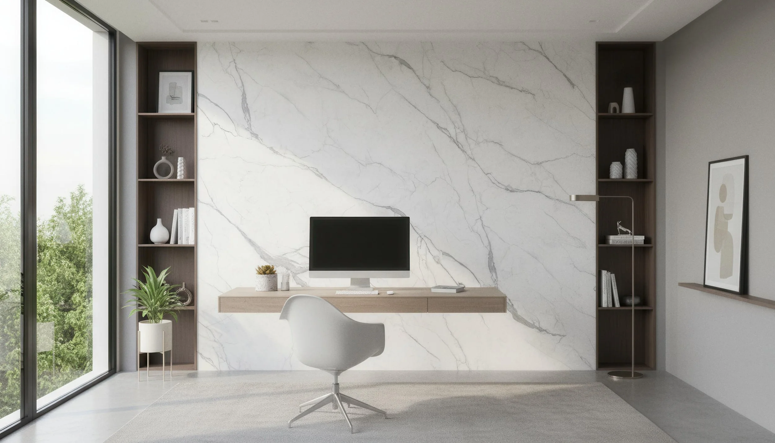 Modern Home Office With Calacatta Victoria 4x8 Porcelain Slab Feature Wall | CIERO