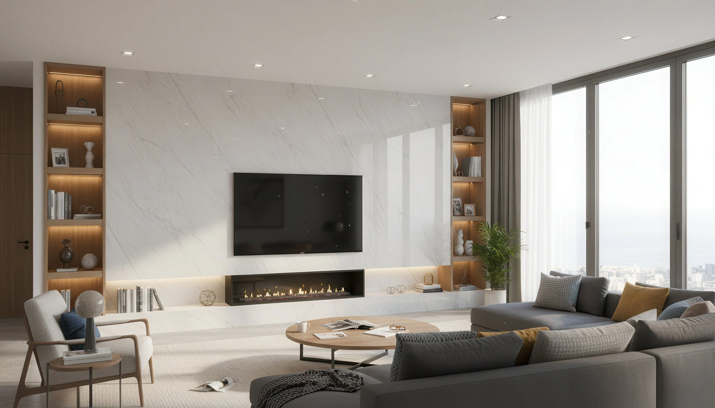 Modern Livingroom With Ashen Slate 4x9  Porcelain Slab Fireplace Feature Wall | CIERO