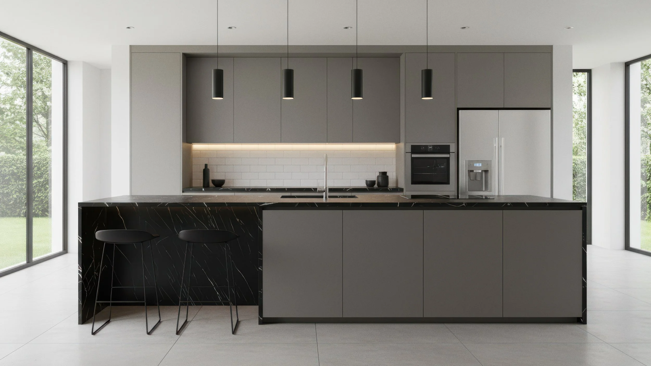 Modern Kitchen with Black Porcelain Slab Kitchen Island Made from Laminam Nero Marquina Extra