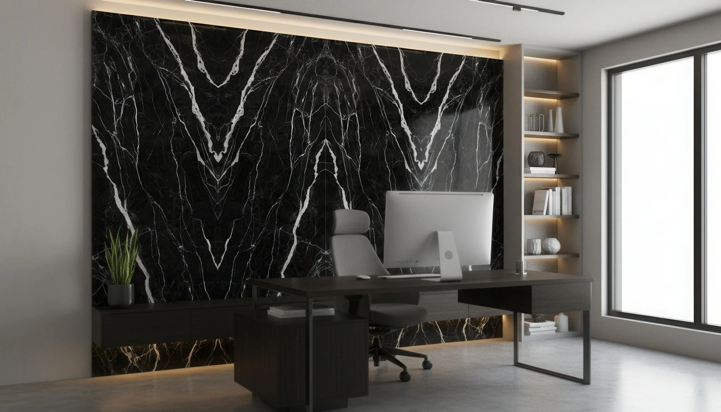 Modern Home Office with Starry Seine 5x10 Porcelain Slab Featurewall| CIERO