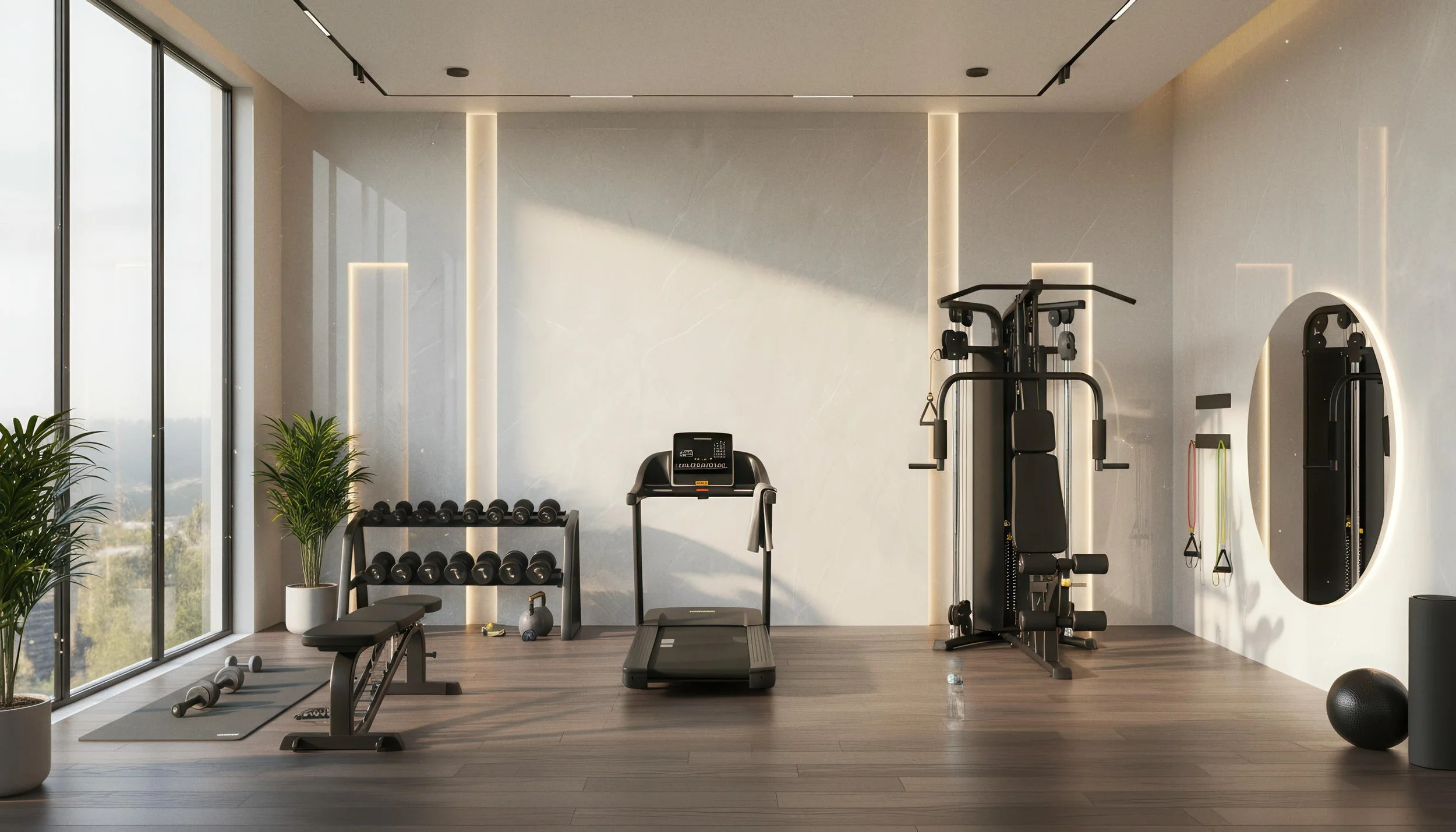 Modern Home Gym With Ivory Limestone 4x9 Porcelain Slab Accent Wall | CIERO