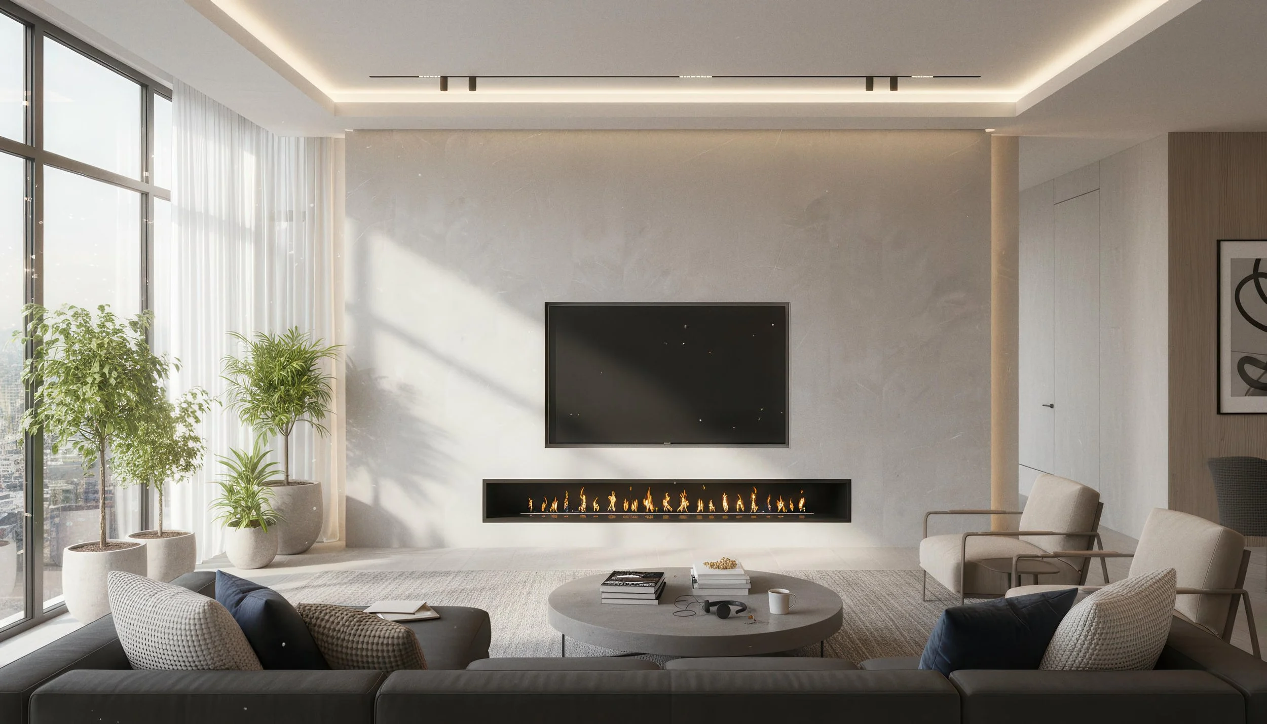 Modern Livingroom With Pulpis Grey 4x9 Porcelain Slab Fireplace Accent Wall | CIERO