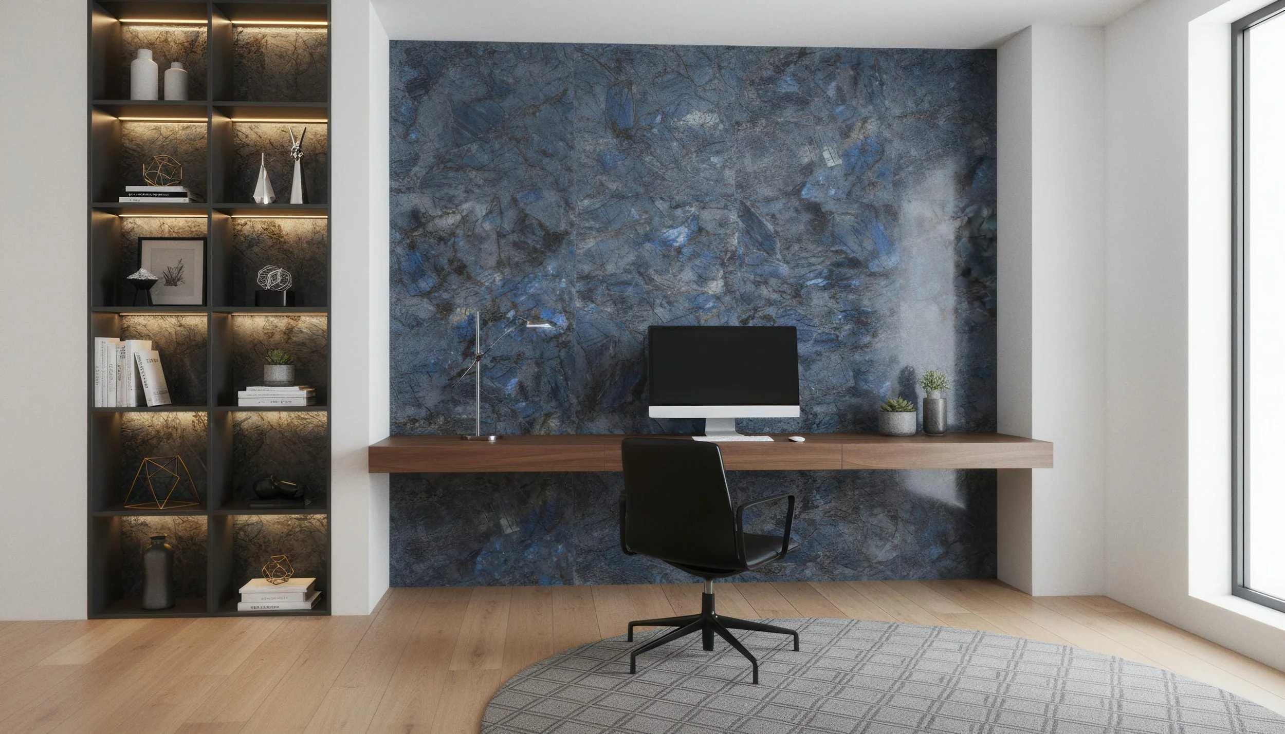 Modern Home Office with Opal Storm 5x10 Porcelain Slab Featurewall| CIERO