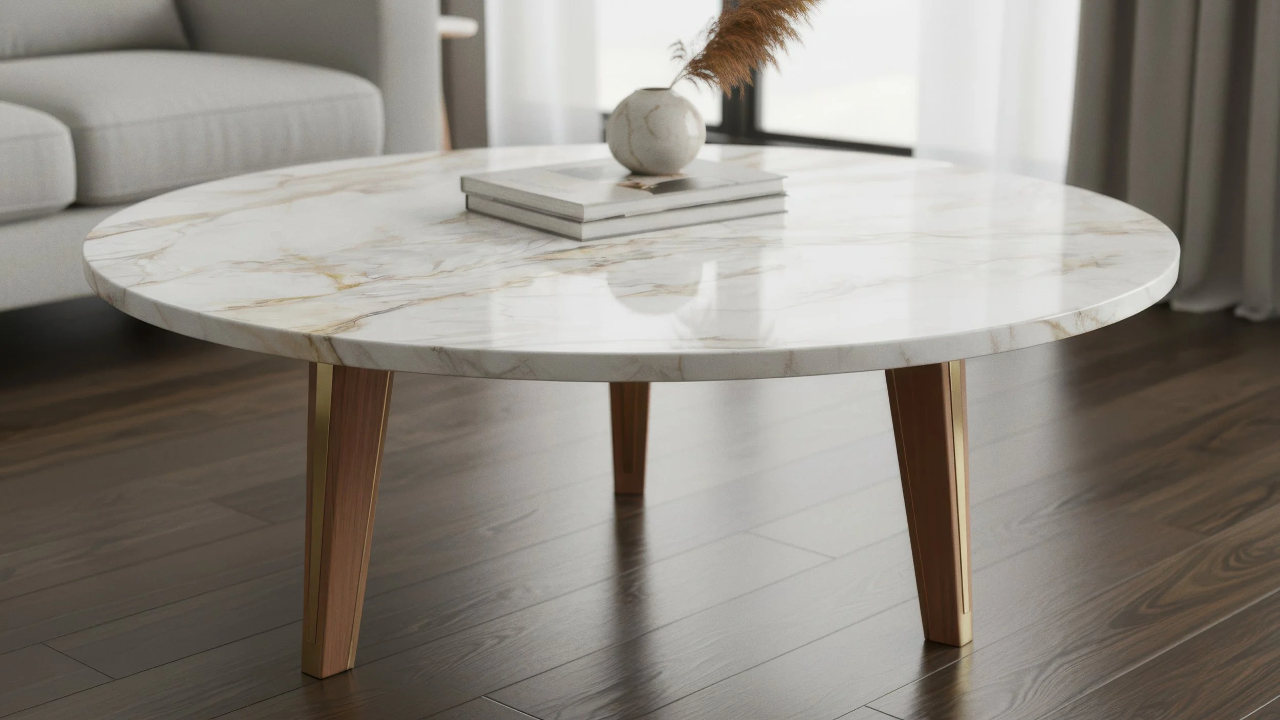 Modern coffee table made with white and gold porcelain slab using CIERO's Arden Gold Porcelain Slab