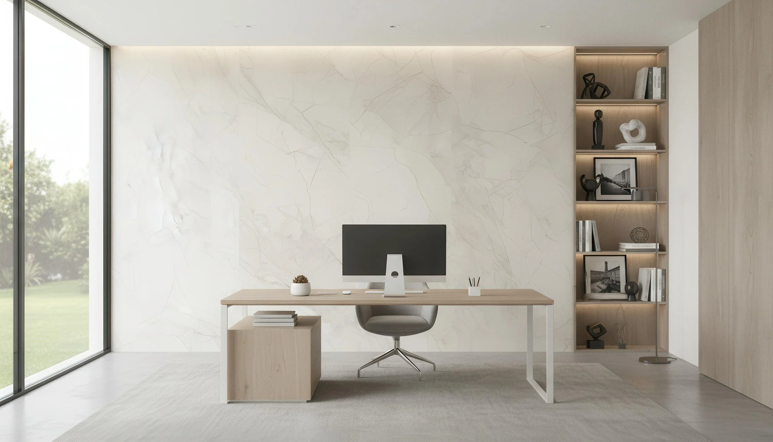 Modern Home Office with Mystic Ivory 4x8 Porcelain Slab Feature Wall| CIERO