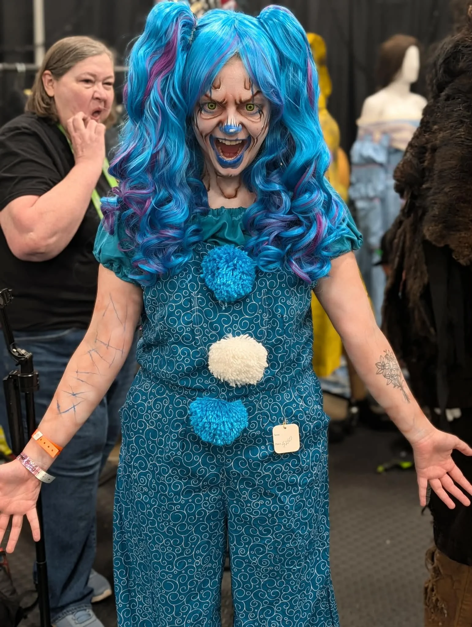 Bell Bottom Clown Jumpsuit- Teal Blue Spirals Print with Teal Top Size M-L