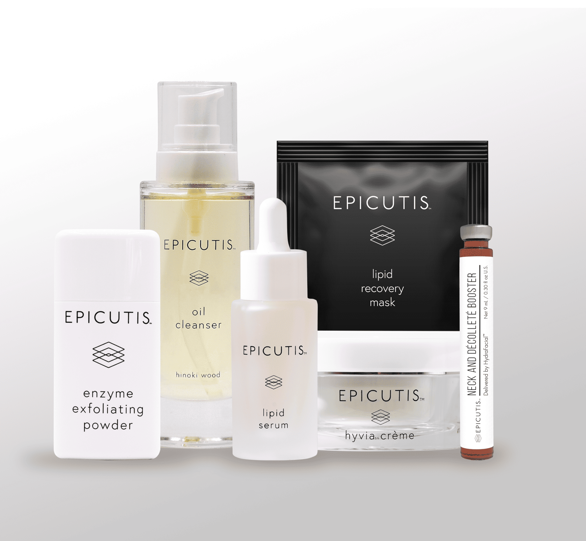 Collection of skincare products including enzyme exfoliating powder, oil cleanser, lipid serum, lip and décolleté booster, hydrating crème, and a lip treatment stick, all branded with Epicutis logos.