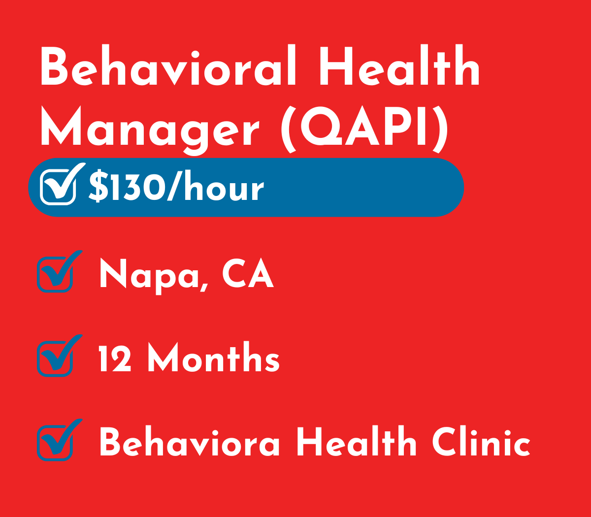 Behavioral Health Manager (QAPI) - Licensed Psychologist | Napa, CA