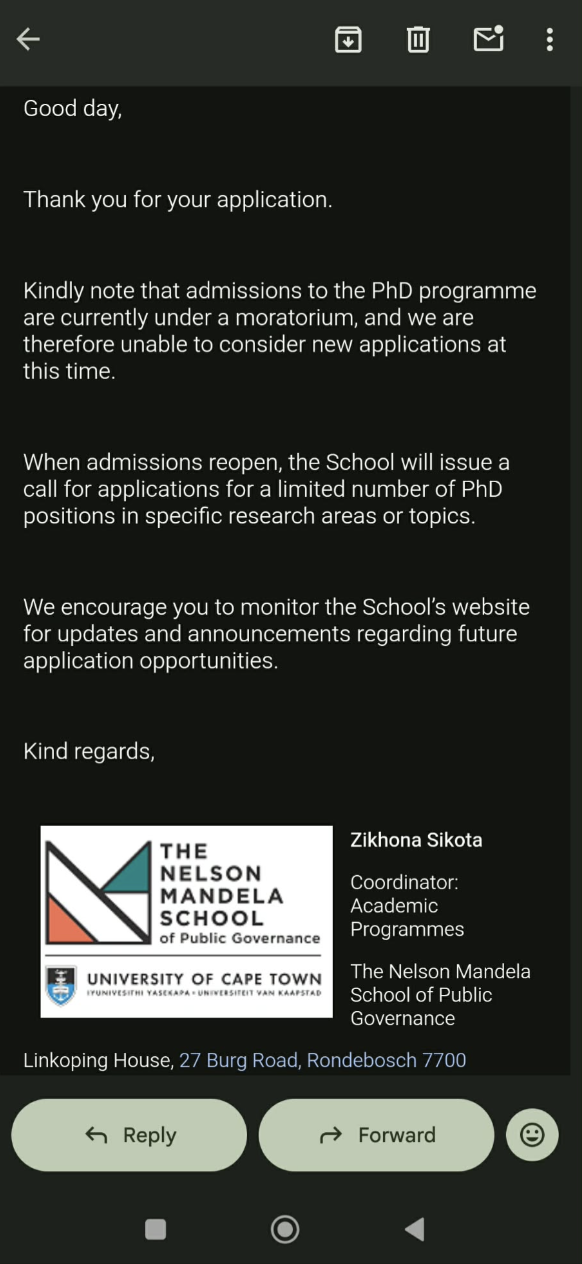 Screenshot of an email received by an applicant from the Nelson Mandela School of Public Governance at the University of Cape Town