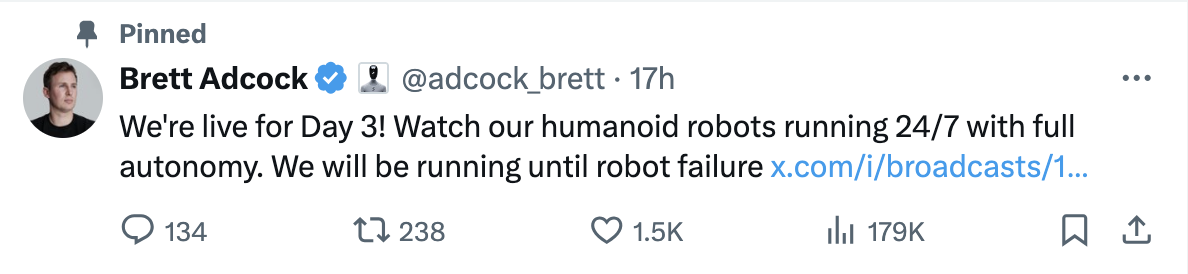 This is a screenshot of Brett Adcock's post on X; it also shows his profile photo.