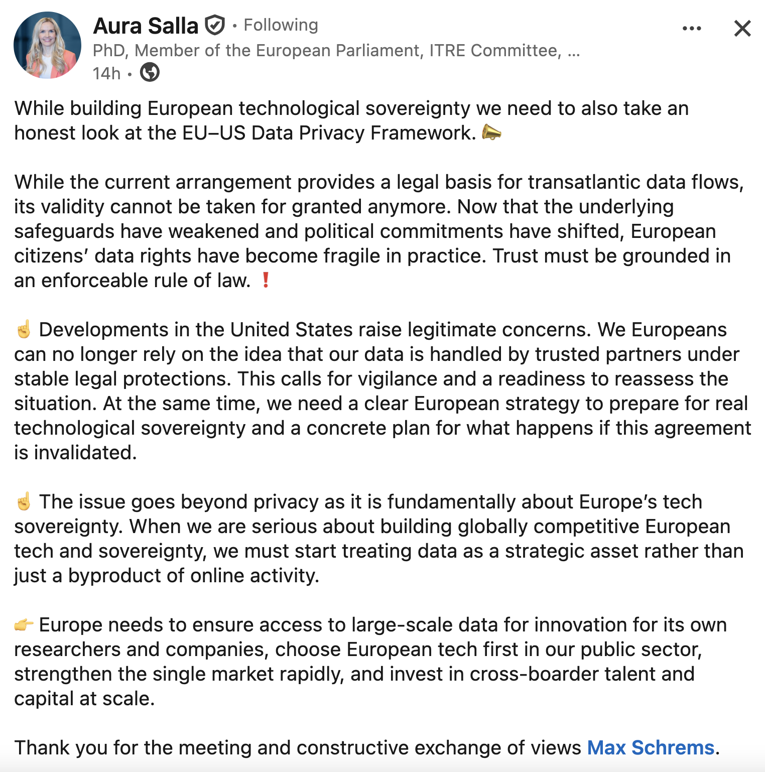 Dr. Aura Salla’s LinkedIn post of May 19, 2026.