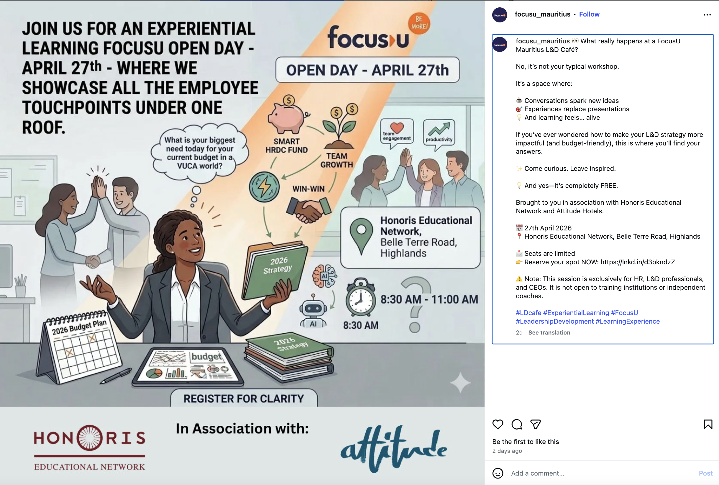 Colourful poster showing multiracial office workers high-fiving, smiling; next to this visual is an Instagram post about the event being advertised by FocusU Mauritius.