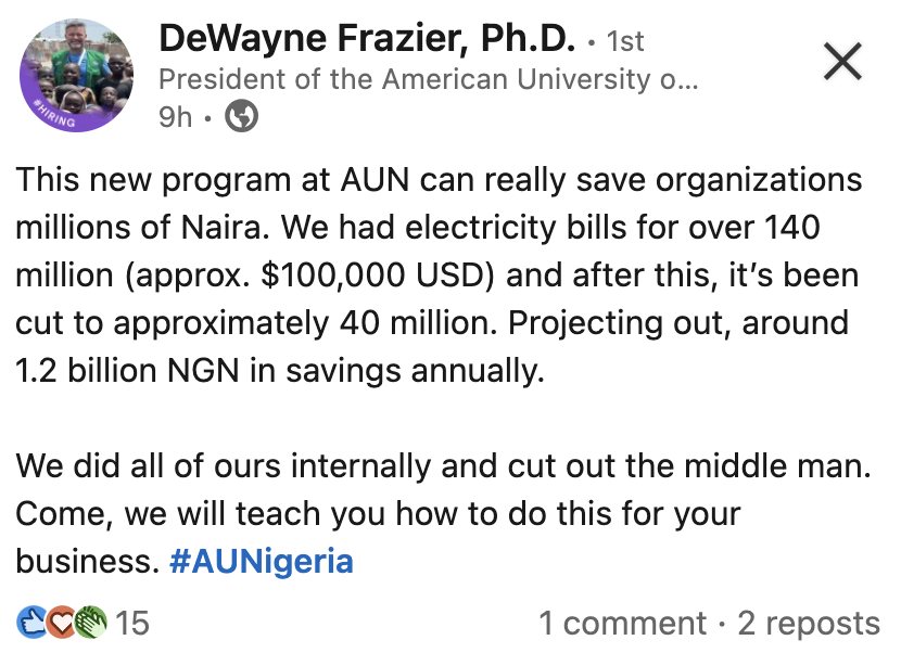 This is a screenshot of Dr. DeWayne Frazier’s LinkedIn post made on January 12, 2026.