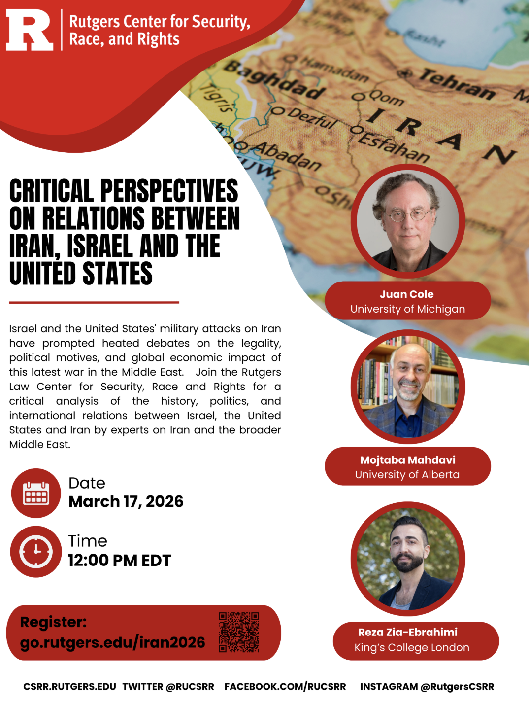 The image shows the map of the Middle East, overlayed with images of 3 men, who will speak at this Rutgers Law School event.