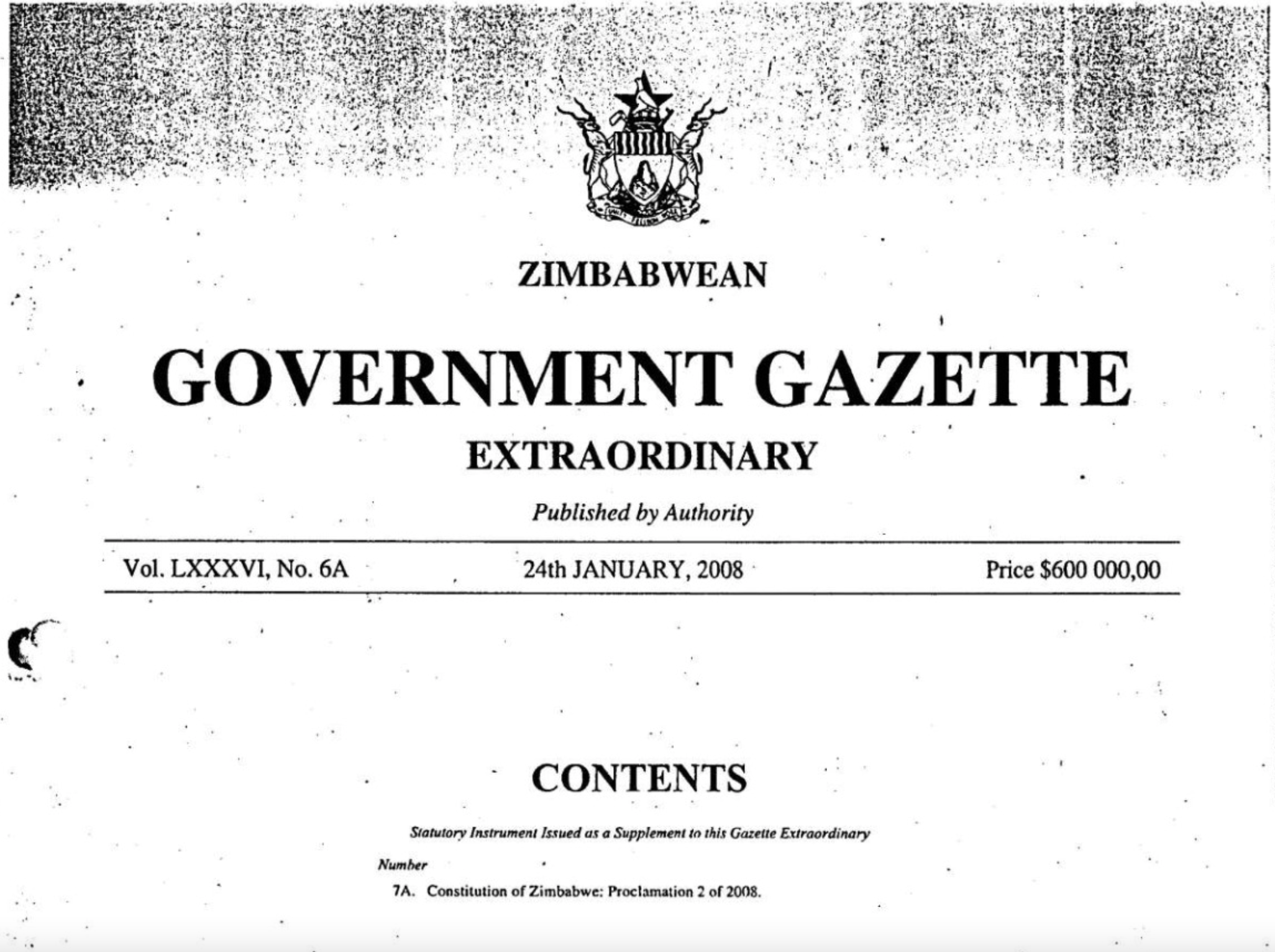 This image shows a partial print of Zimbabwean Government Gazette, dated January 24, 2008.