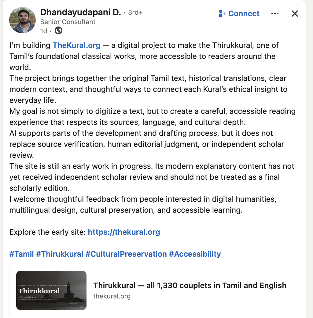 This is a screenshot of a LinkedIn post; it is mostly text, but includes a thumbnail image for thekural.org