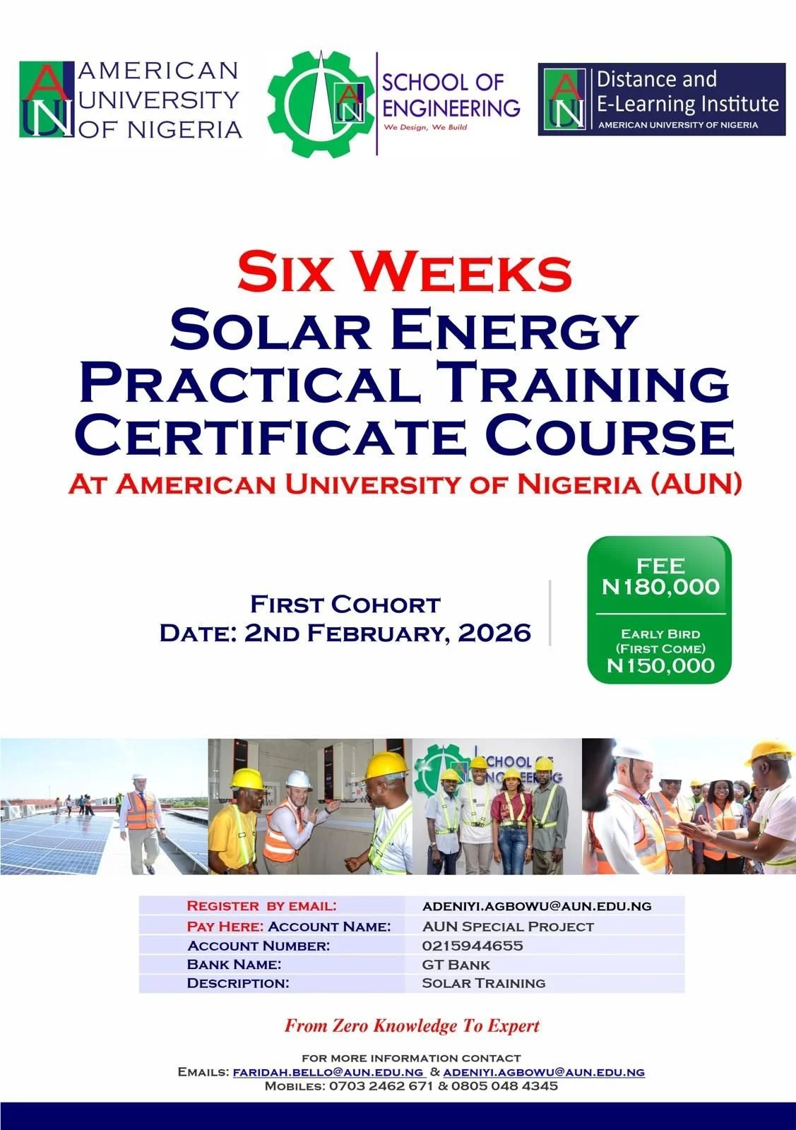 This is a screenshot of the digital poster circulated by the American University of Nigeria to advertise its newly launched  ‘Solar Energy Practical Training Certificate Course’, starting February 2, 2026.   It shows solar panels, industrial workers.