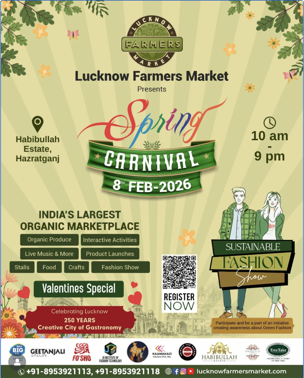 This is a screenshot of the digital poster for the upcoming Lucknow Farmers Market Spring Carnival, set to take place on February 8, 2026, in the Indian city of Lucknow.  The poster is in shades of green, showing leaves and flowers.