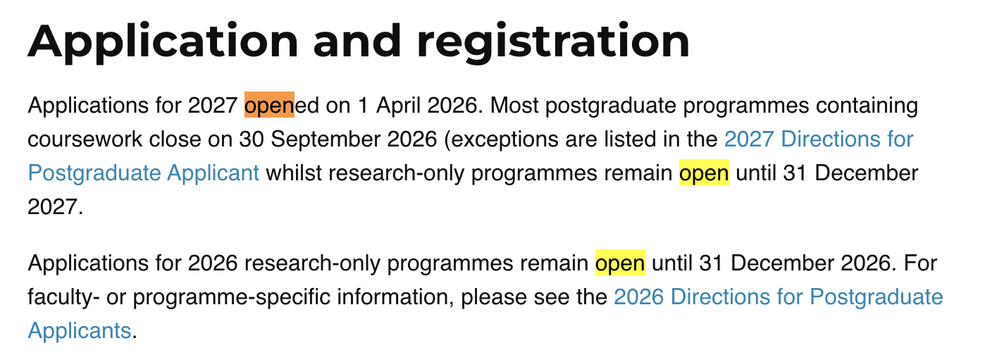 Partial creenshot of a university's 'Application and registration' section