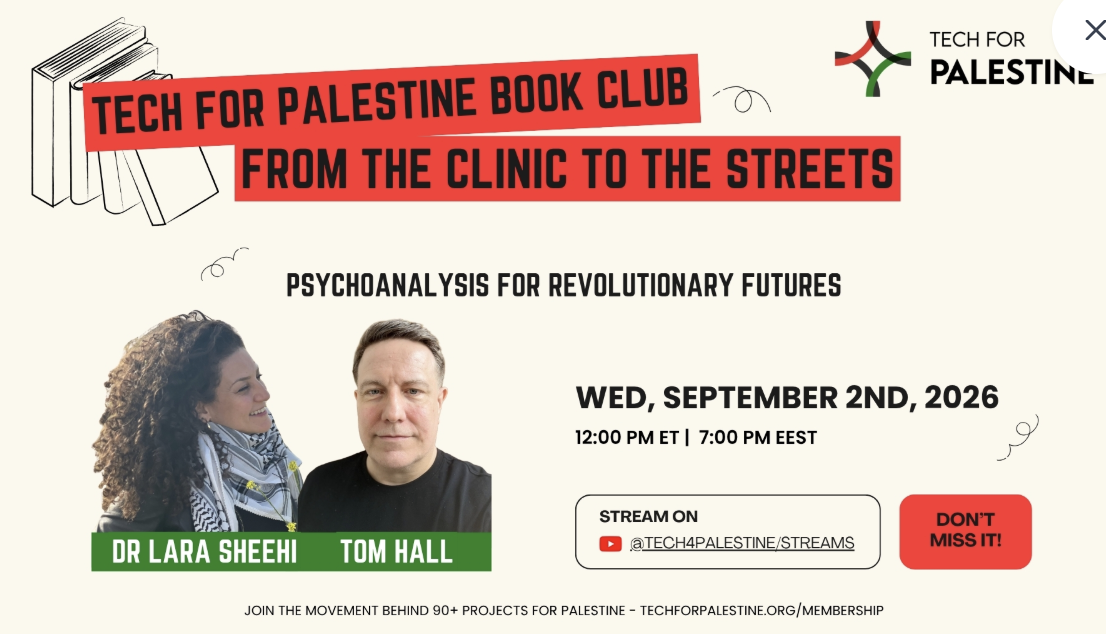 An event poster with a cream background, showing the photos of one Middle Eastern woman and one White man.