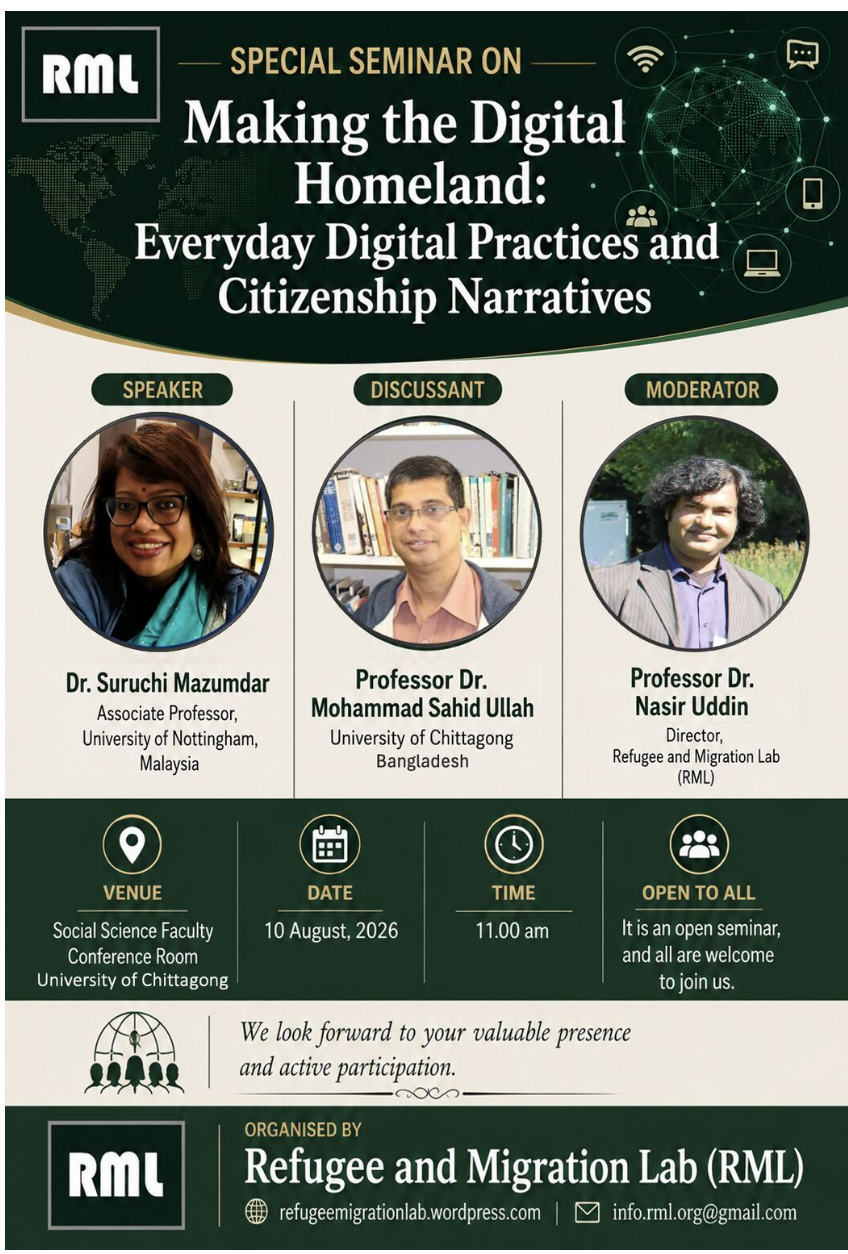 This is an event poster for a seminar; shows face shots of three academics who will be part of the speakers panel.  The poster has dark green rectangular spaces (with white text) interspersed with cream colour broad spaces with dark green text.