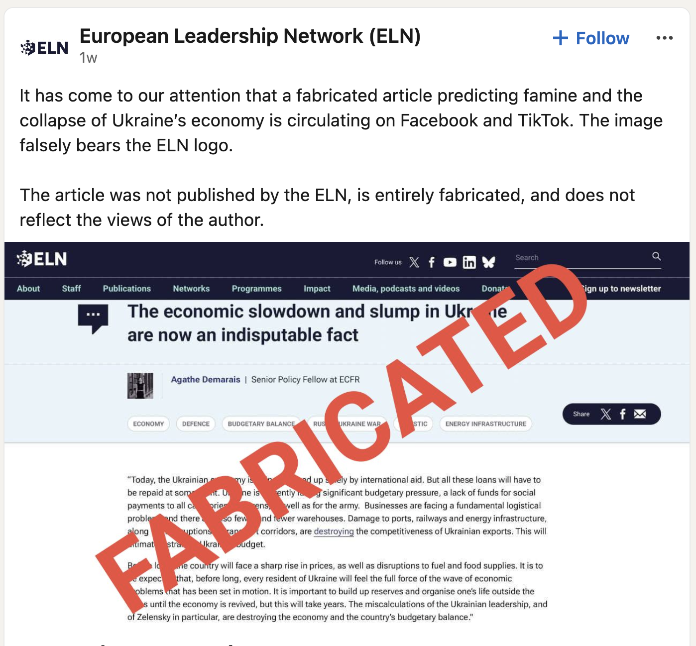 This is a screenshot of a LinkedIn post made by the European Leadership Network (ELN) in mid-September 2026; it shows the stamp 'FABRICATED' in red on its own screenshot of the first page of a fake blog post.