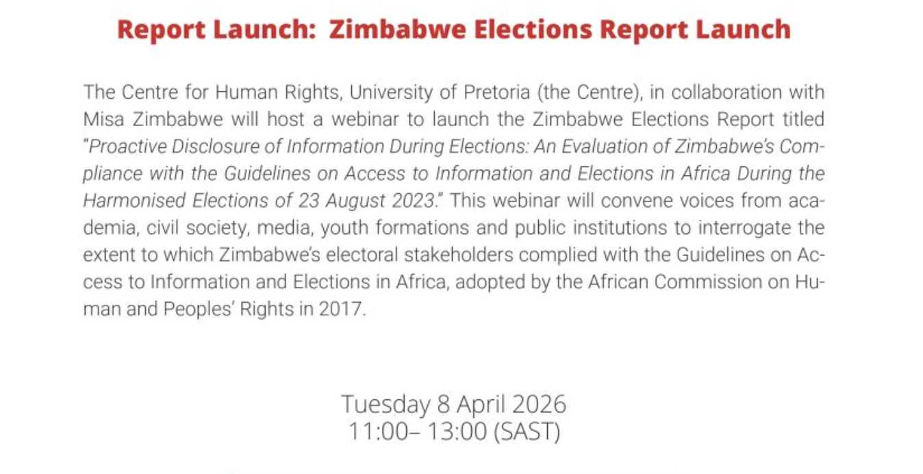 This image is entirely text, with the title in bold red, followed by a paragraph in normal black.  The title says this:  Report Launch:  Zimbabwe Report Launch.