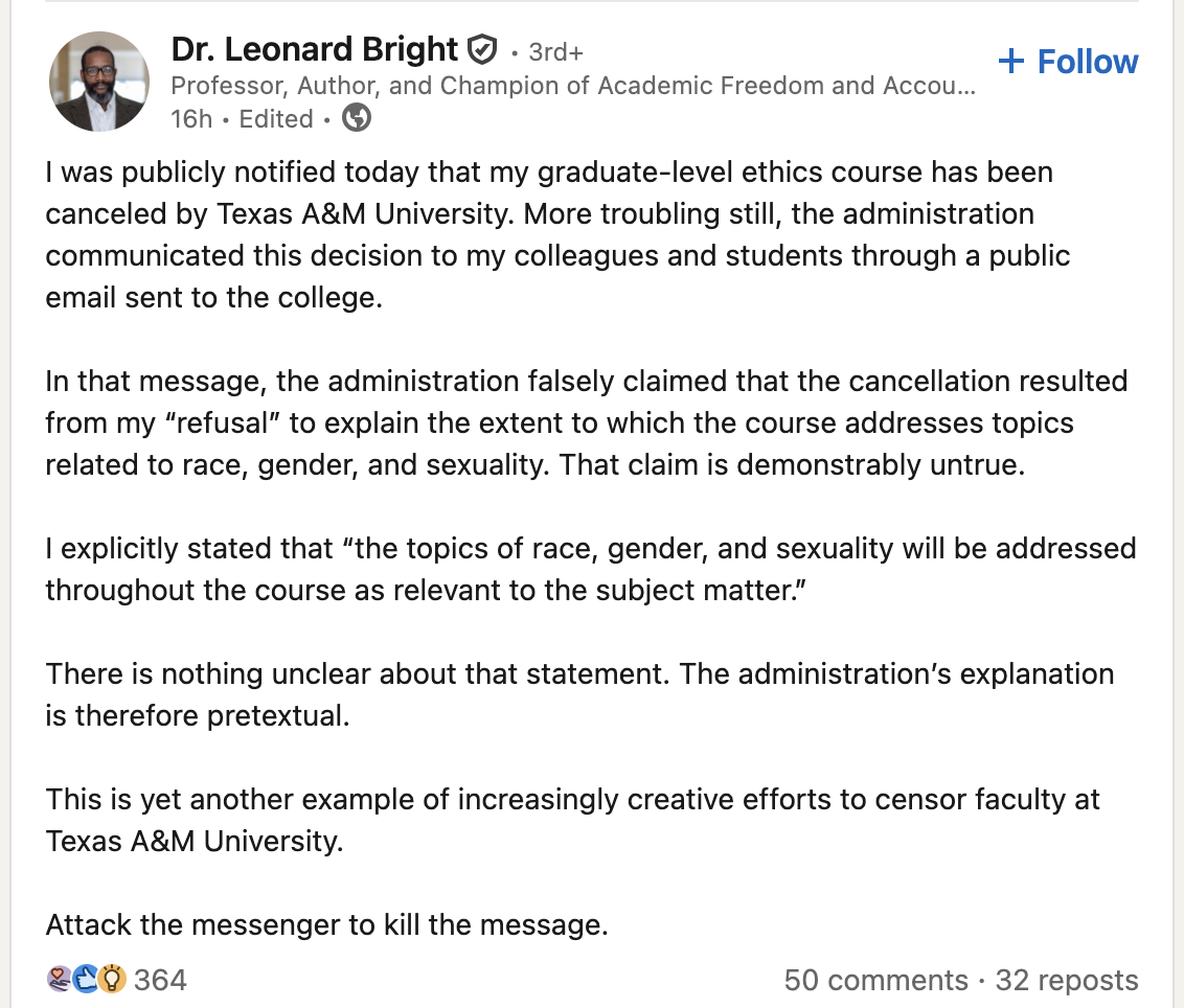 This is a screenshot of Dr. Leonard Bright’s LinkedIn post made on January 15, 2026.