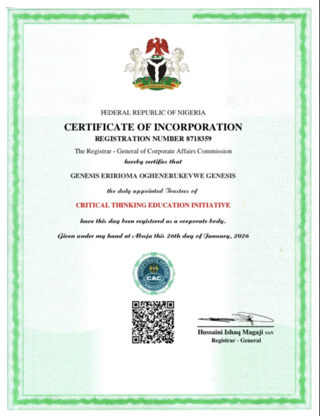 This is a screenshot of a 'Certificate of Incorporation' issued by the Registrar General of Corporate Affairs Commission of the Federal Republic of Nigeria; it was issued on January 26, 2026 to the Critical Thinking Education Initiative.  Greenish.