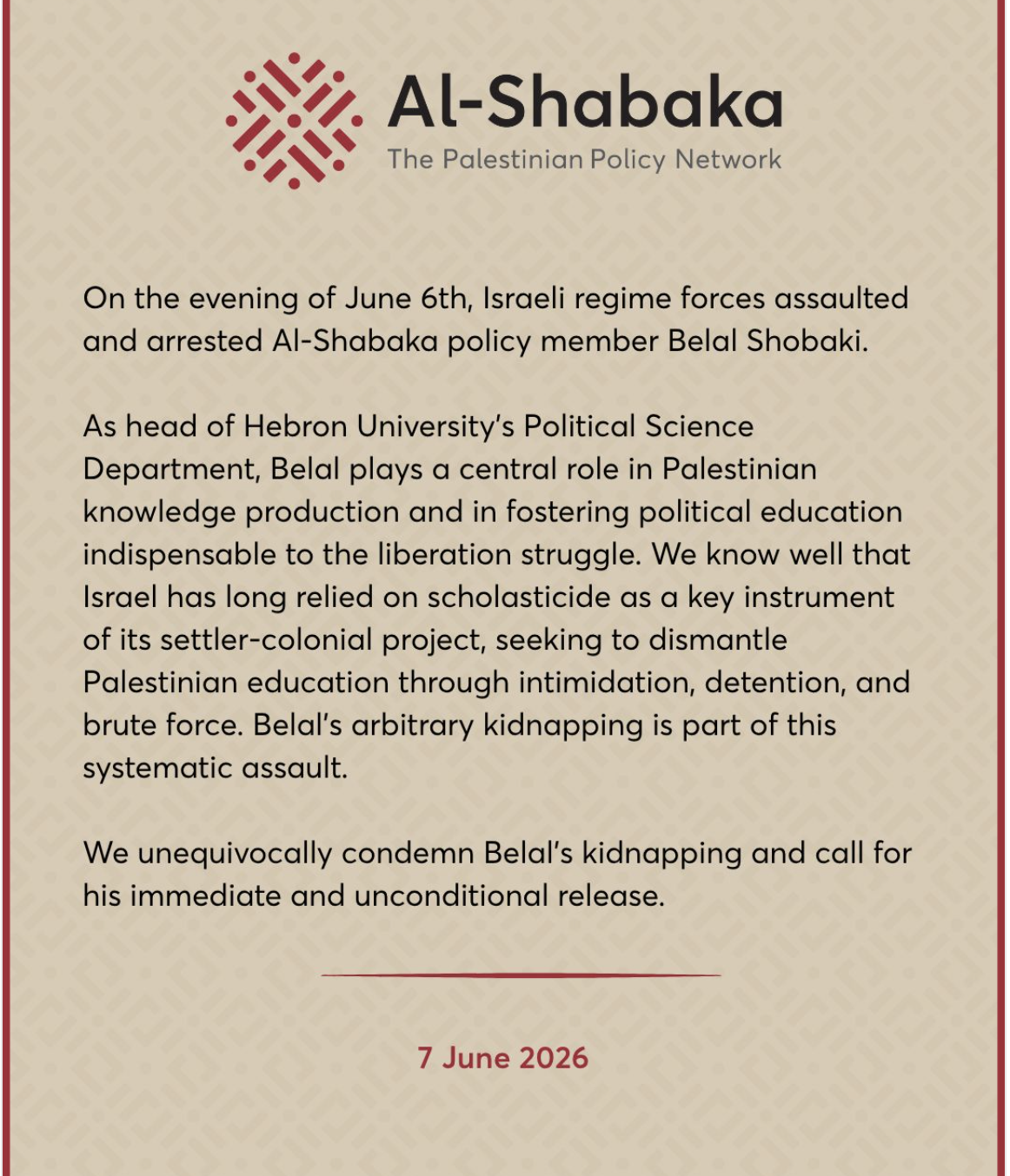 Al-Shabaka's statement on the Palestinian academic's arrest by Israel; Al-Shabaka's letterhead, with its red logo on the left against a pale background overall