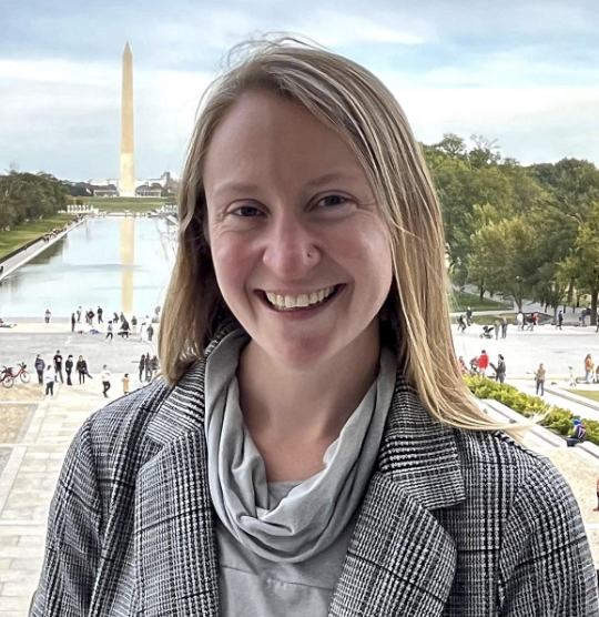 This is a photo of a White blonde smiling woman, Rachel Santarsiero.
