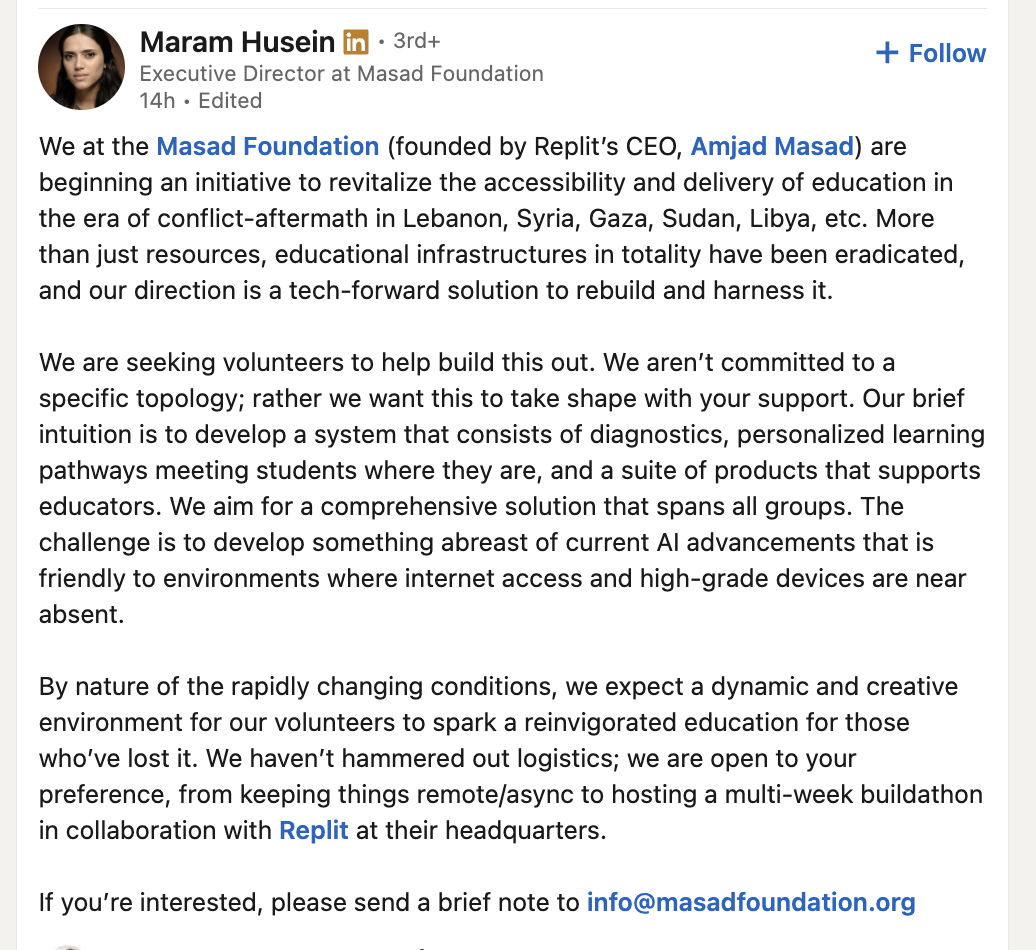 This is a screenshot of a LinkedIn post made on October 25, 2026.  The post was made by Maram Husein, Masad Foundation's Executive Director.