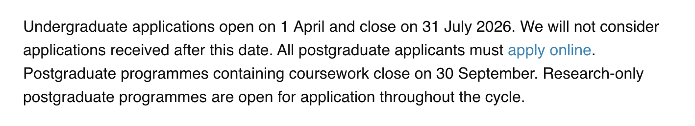 Partial creenshot of a university's admissions applications page