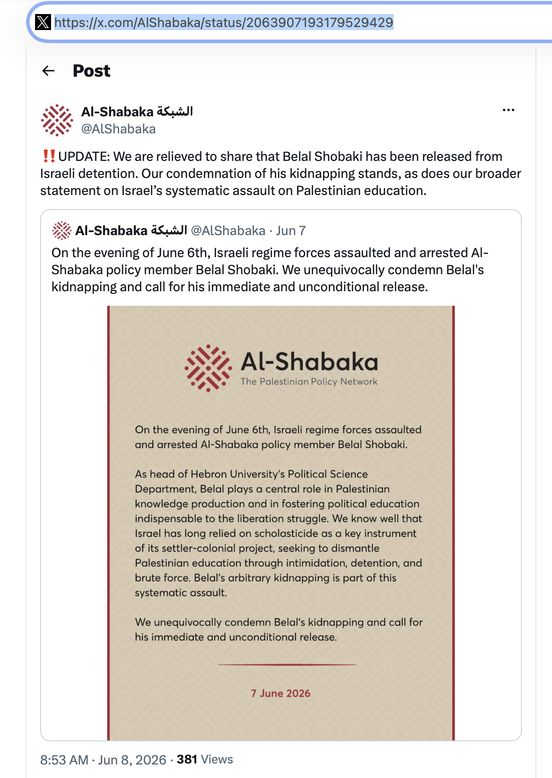 This is a screenshot of a post made by Al-Shabaka on X on June 8, 2026.
