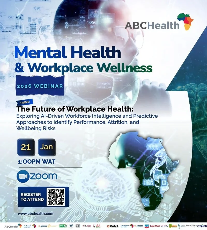 This is the digital poster circulated by ABCHealth, Lagos, for its free Zoom event to be held on Wednesday, 21 January 2026; it is bluish in its shades and shows a map of Africa.  The poster has a futuristic, electronic look to it.