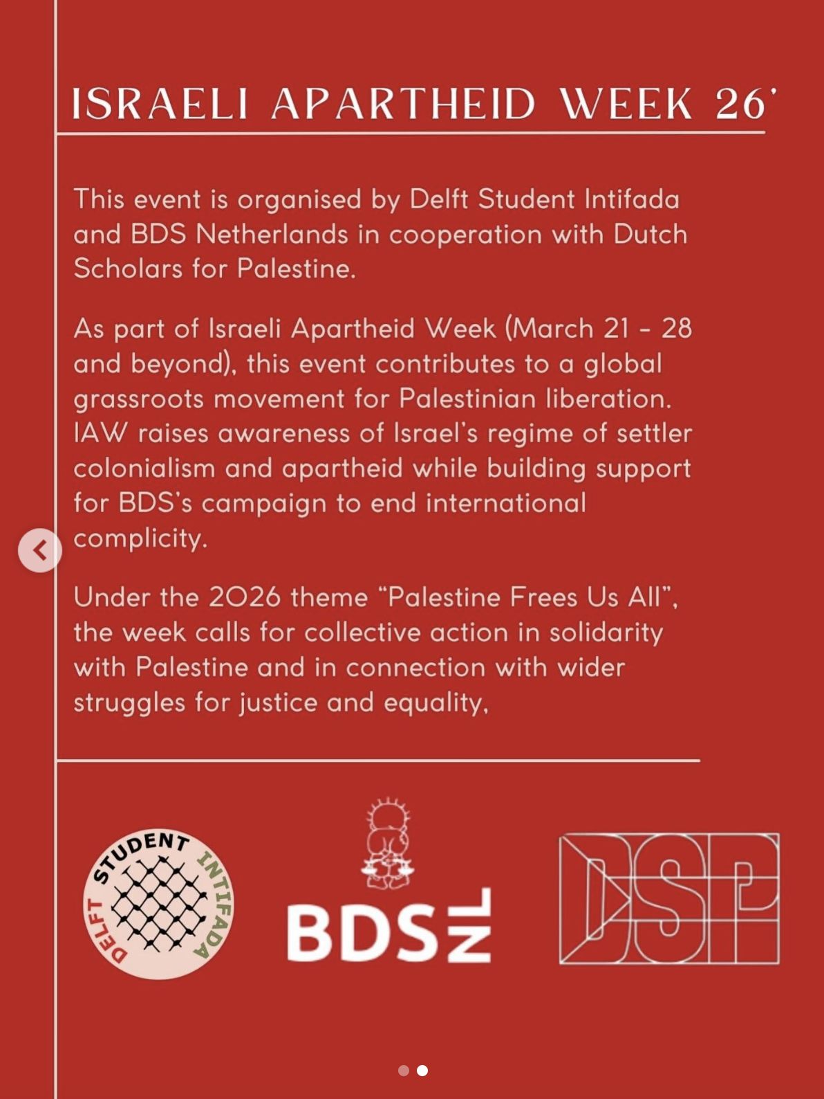 On a red background, there is text in white; this is an event poster that includes the logos of Delft Student Initiative (DSI), BDS-NL, and DSI.