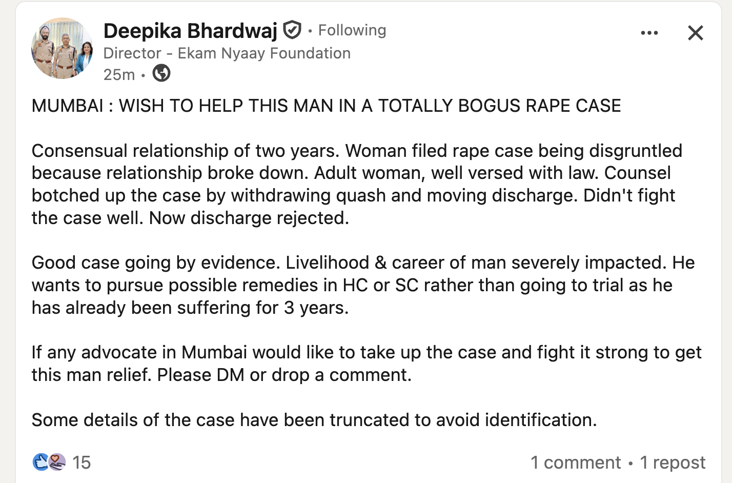 This is a screenshot of a LinkedPost; it shows English-language text in 4 paragraphs; at the top is the photo of a woman standing next to two Indian policemen in their Khaki uniforms; one policeman is a turbaned Sikh.