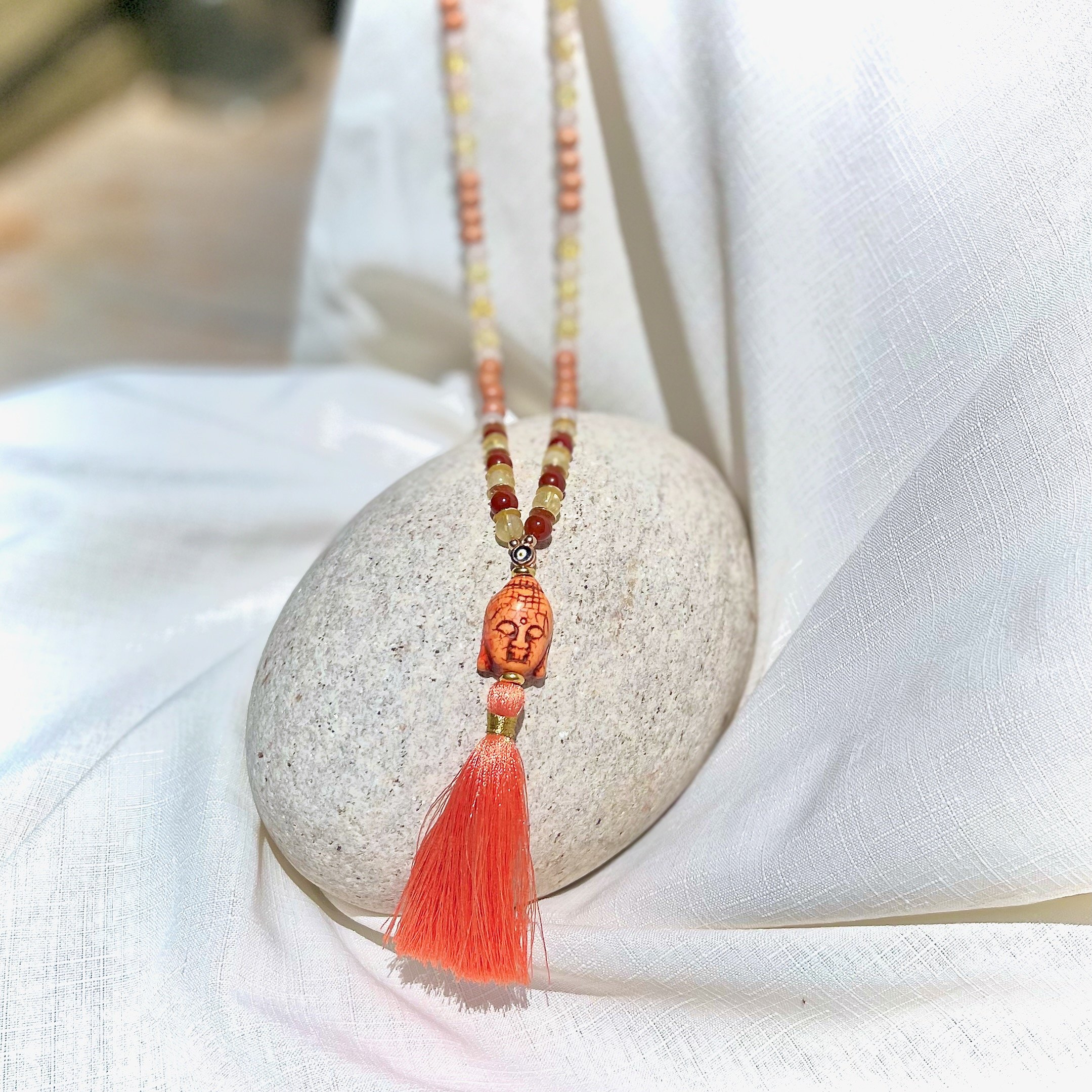Citrine, Rose Quartz, Carnelian Beaded Necklace with Buddha Charm & Tassel