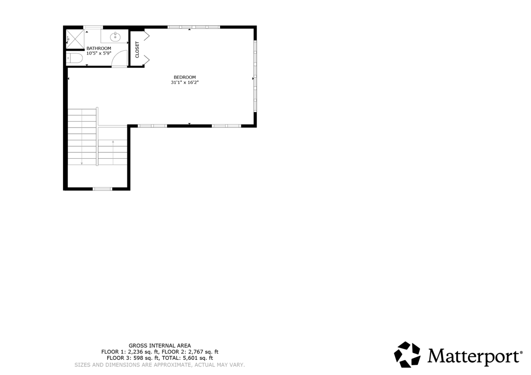 Matterport 3D floor plan rendering of the upper-level suite at 1343 Highland Road in Walla Walla, featuring a private bedroom, bathroom, and flexible space ideal for guests, office, or additional living area.