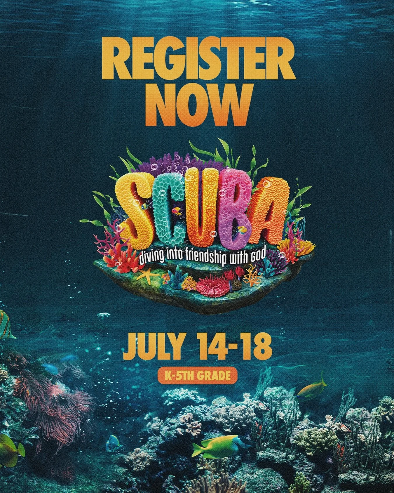 VBS Registration is now open! Link in bio

At Scuba VBS, kids dive into friendship with God! Scuba is filled with awesome
Bible-learning experiences kids see, hear, and touch! Hands-on science
experiments, team-building games, unforgettable Bible son