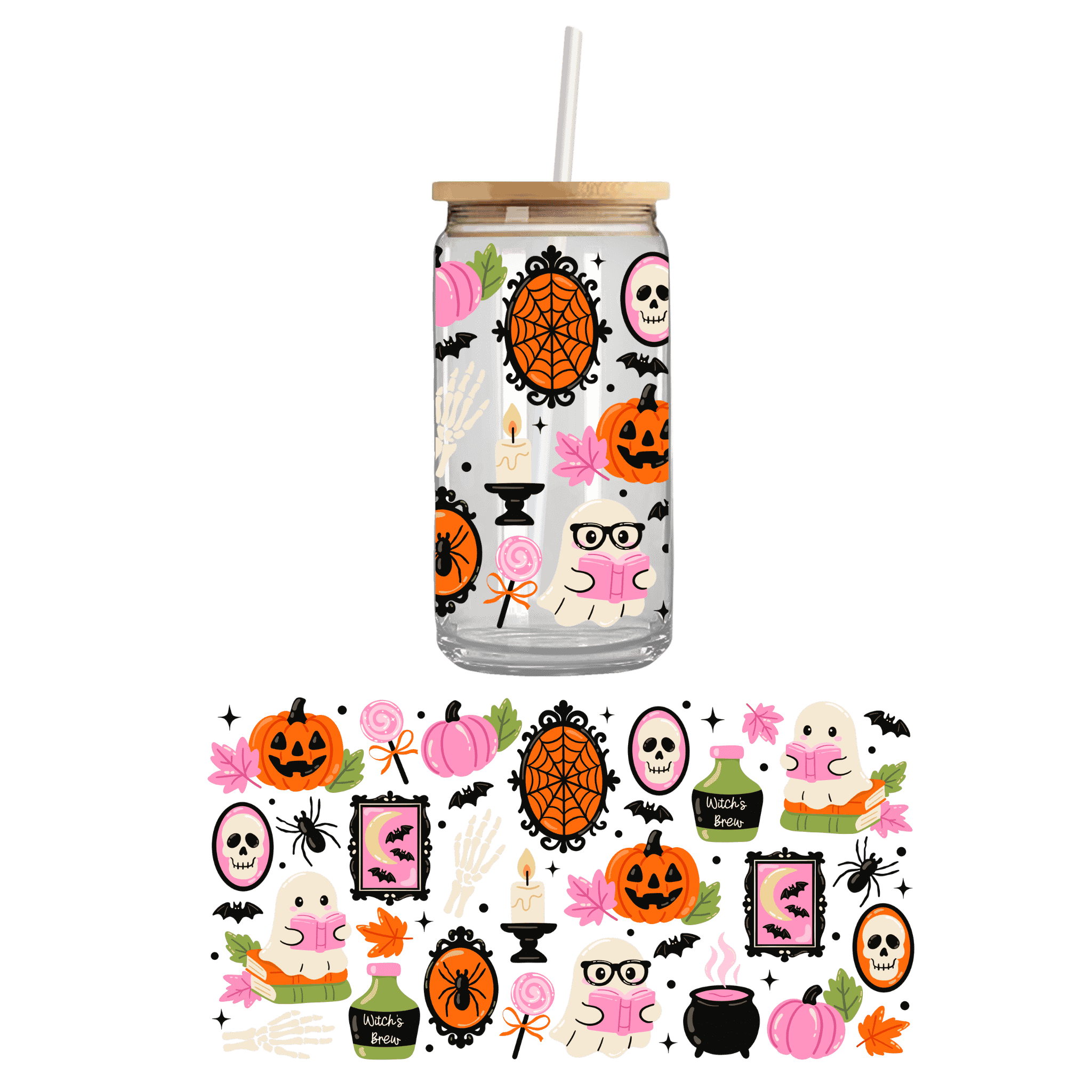 Witchy Boo Crew design on a double sided UV DTF cupwrap – spooky custom uvdtf cup stickers and fun Halloween-themed cupwrap for seasonal drinkware.