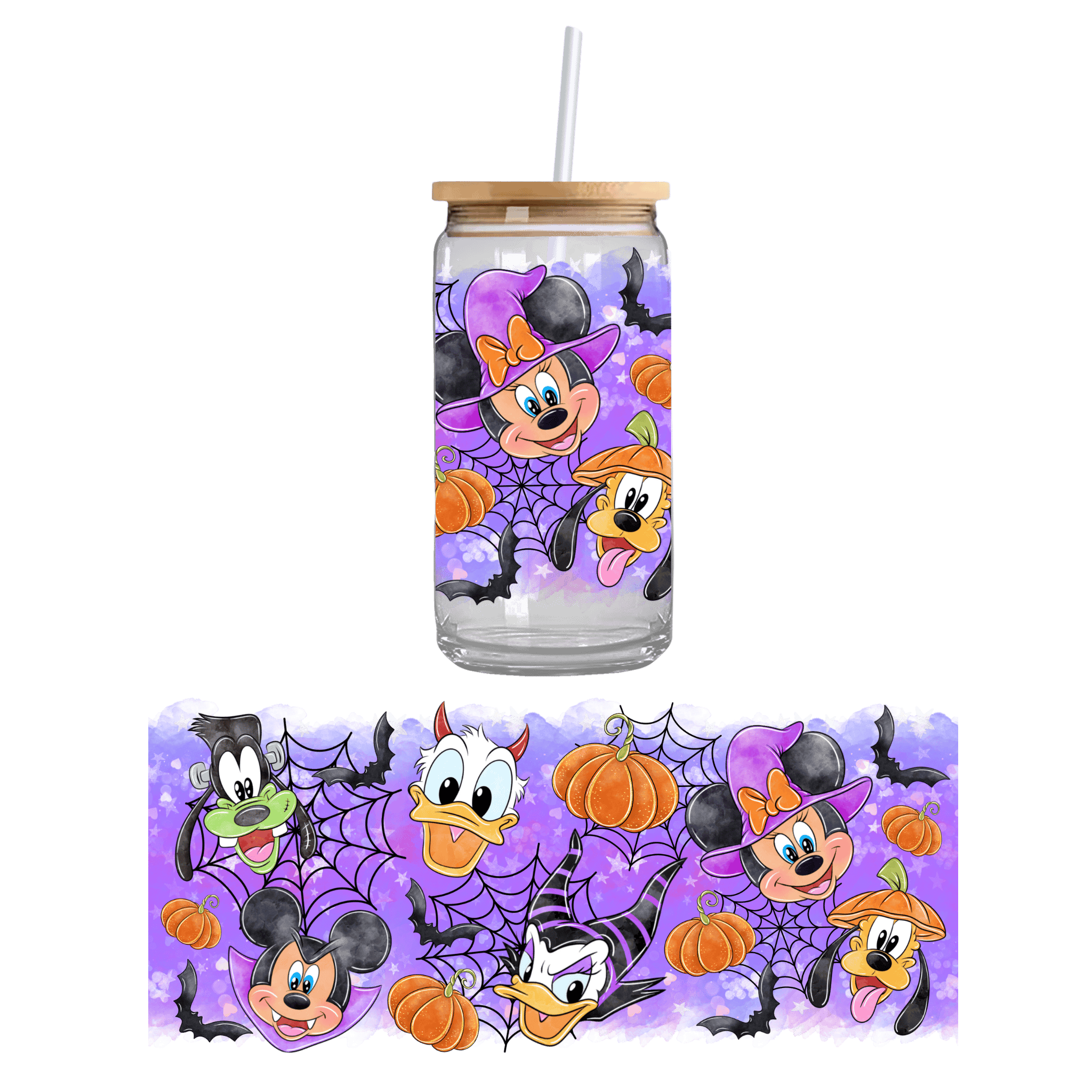 Fun Halloween character design on a double sided UV DTF cupwrap – playful custom uvdtf cup stickers and festive cupwrap for seasonal drinkware.