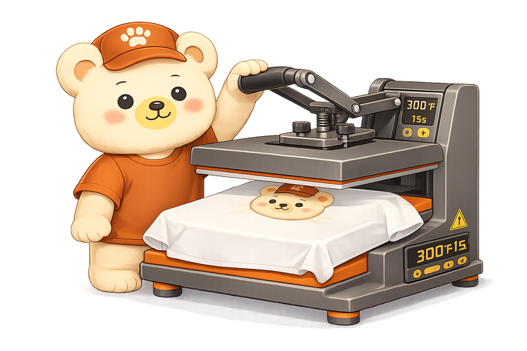A cute bear wearing a brown hat and shirt, standing next to a commercial heat transfer machine. The machine is printing a bear face onto a white T-shirt.