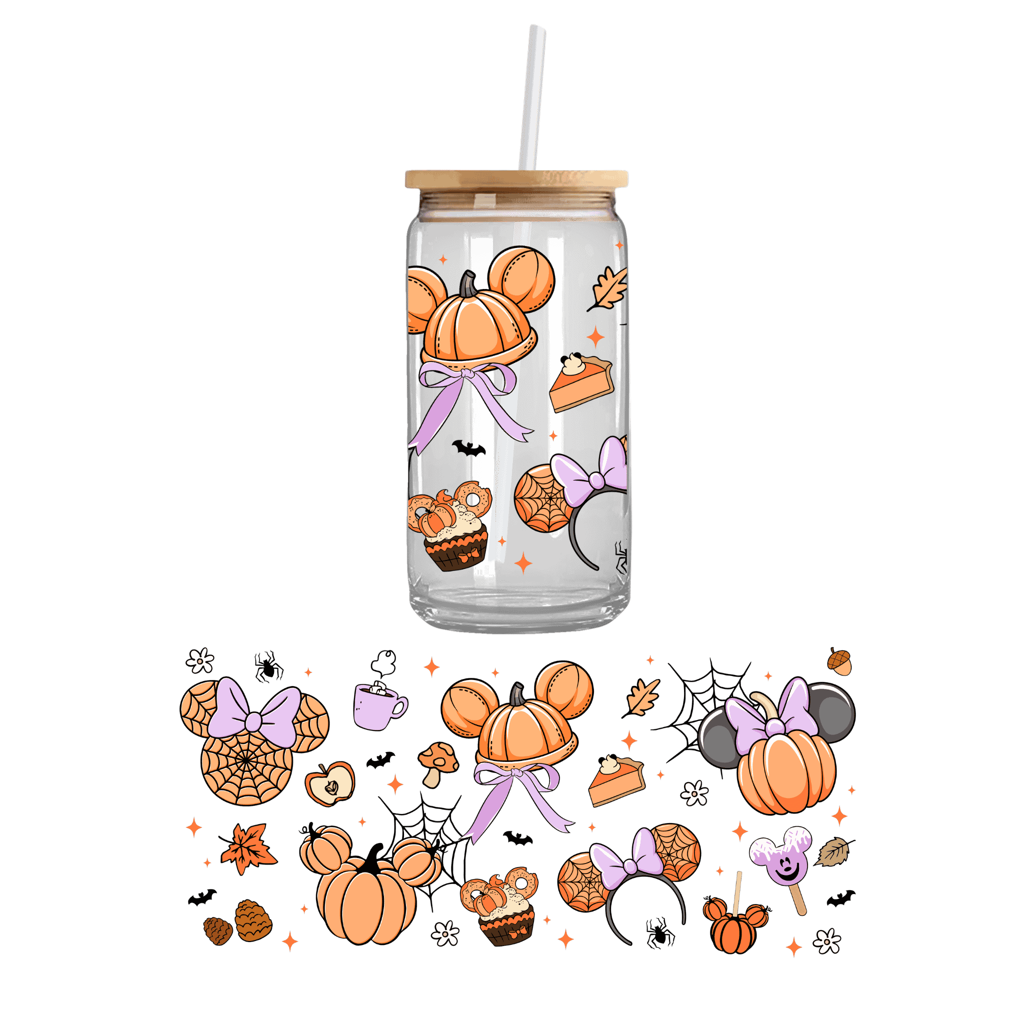 Mouse with a pumpkin design on a UV DTF cupwrap – custom uvdtf stickers sized for 16oz and 20oz Libbey glasses, perfect for seasonal drinkware.