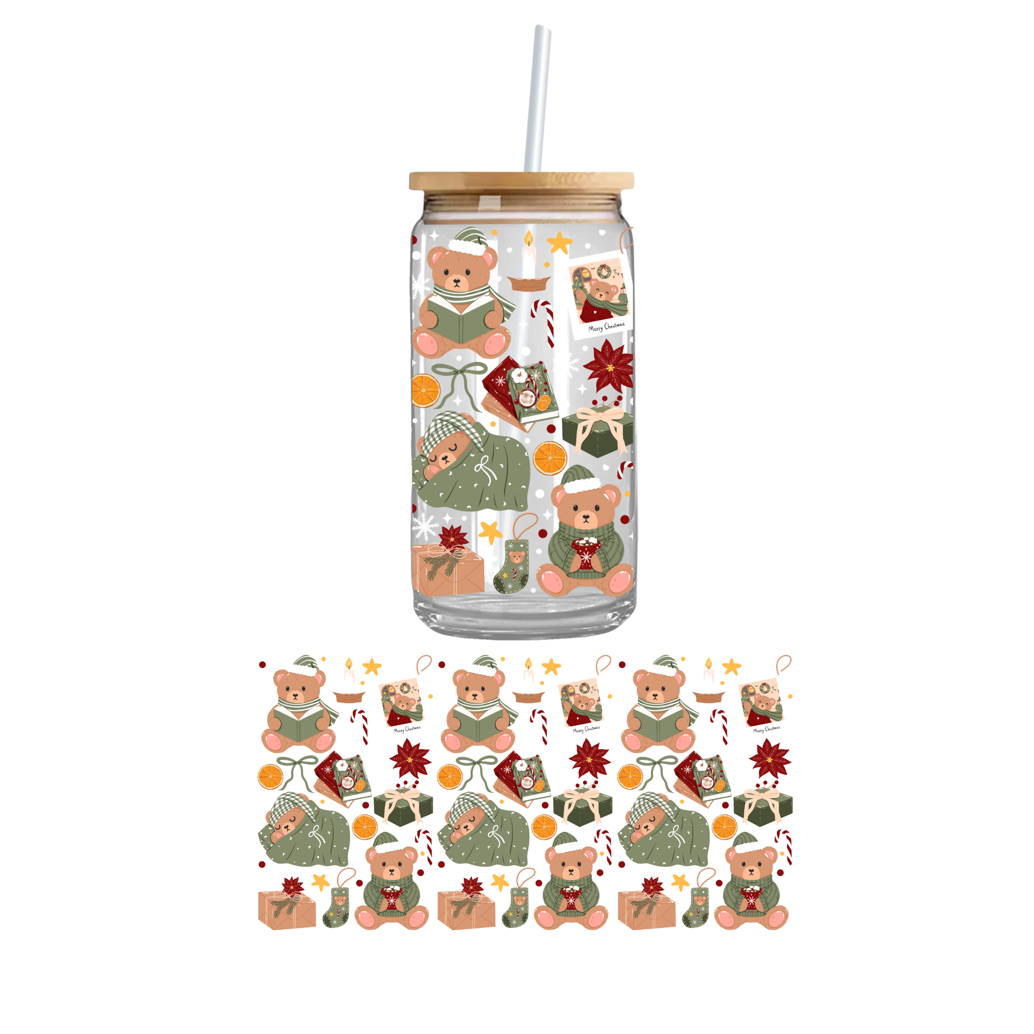 Double sided Teddy Bear Christmas UV DTF cupwrap featuring cozy holiday teddy graphics sized for 16oz and 20oz Libbey glass cups.