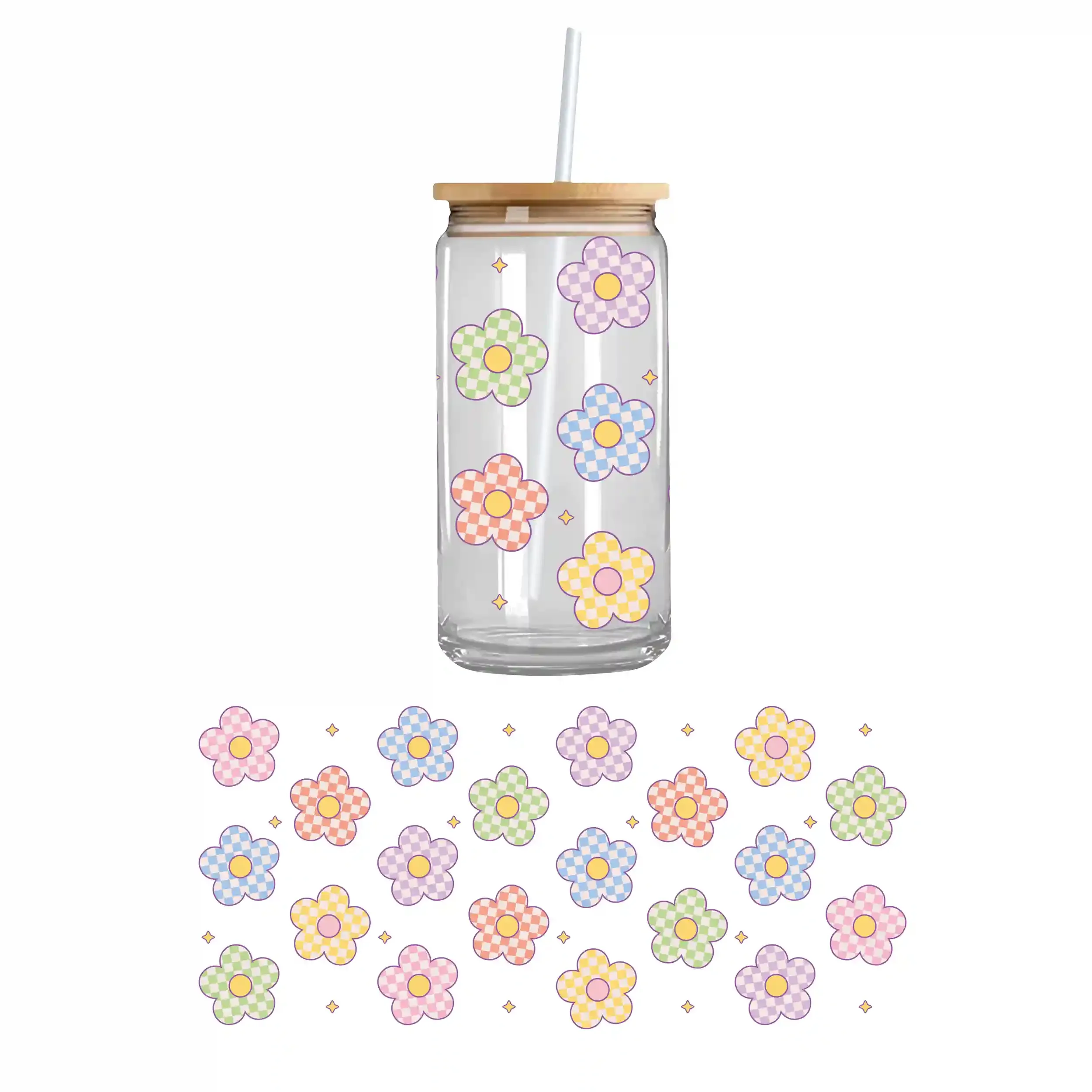 Double sided UV DTF cupwrap featuring checkered flowers design, custom uvdtf cup wrap for Libbey 16oz and 20oz glass cups, trendy floral drinkware sticker.