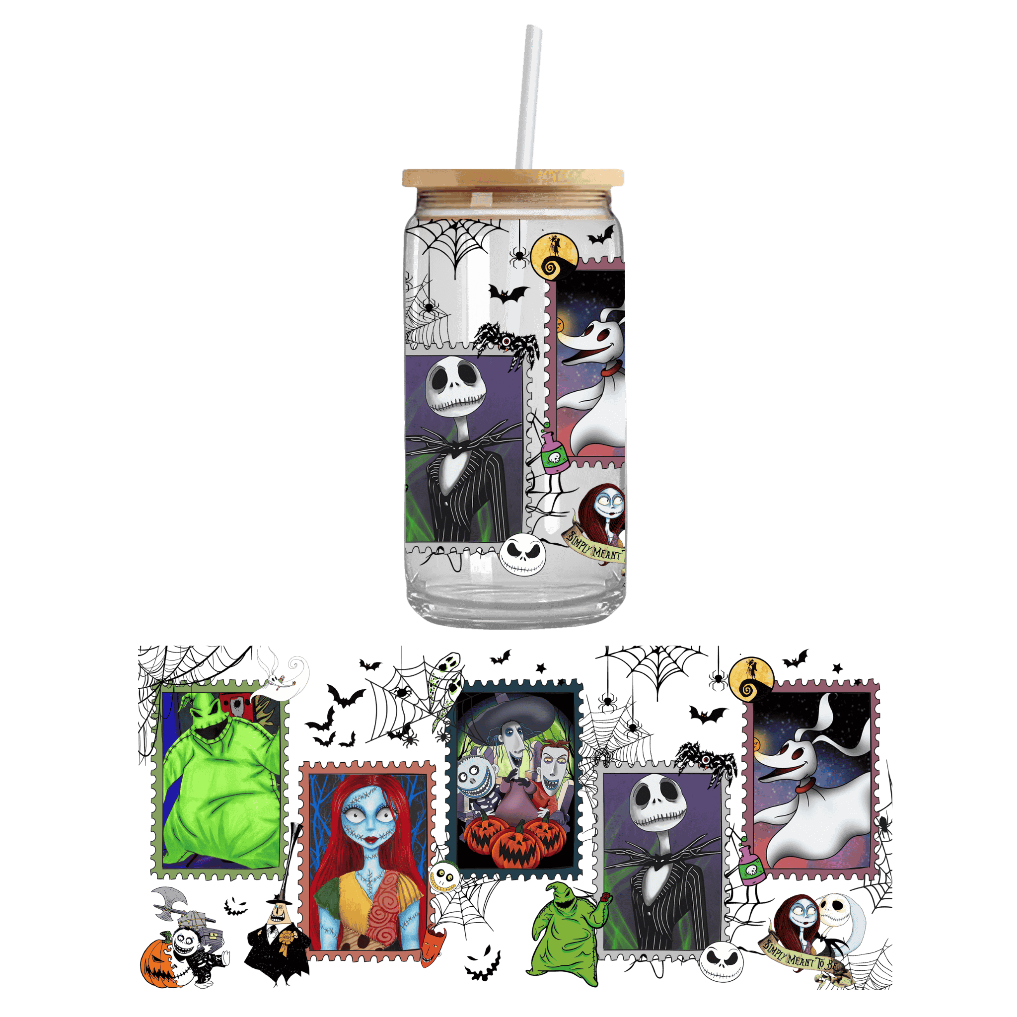 Group of Halloween friends on a double sided UV DTF cupwrap – fun custom uvdtf cup stickers and festive cupwrap for seasonal drinkware.